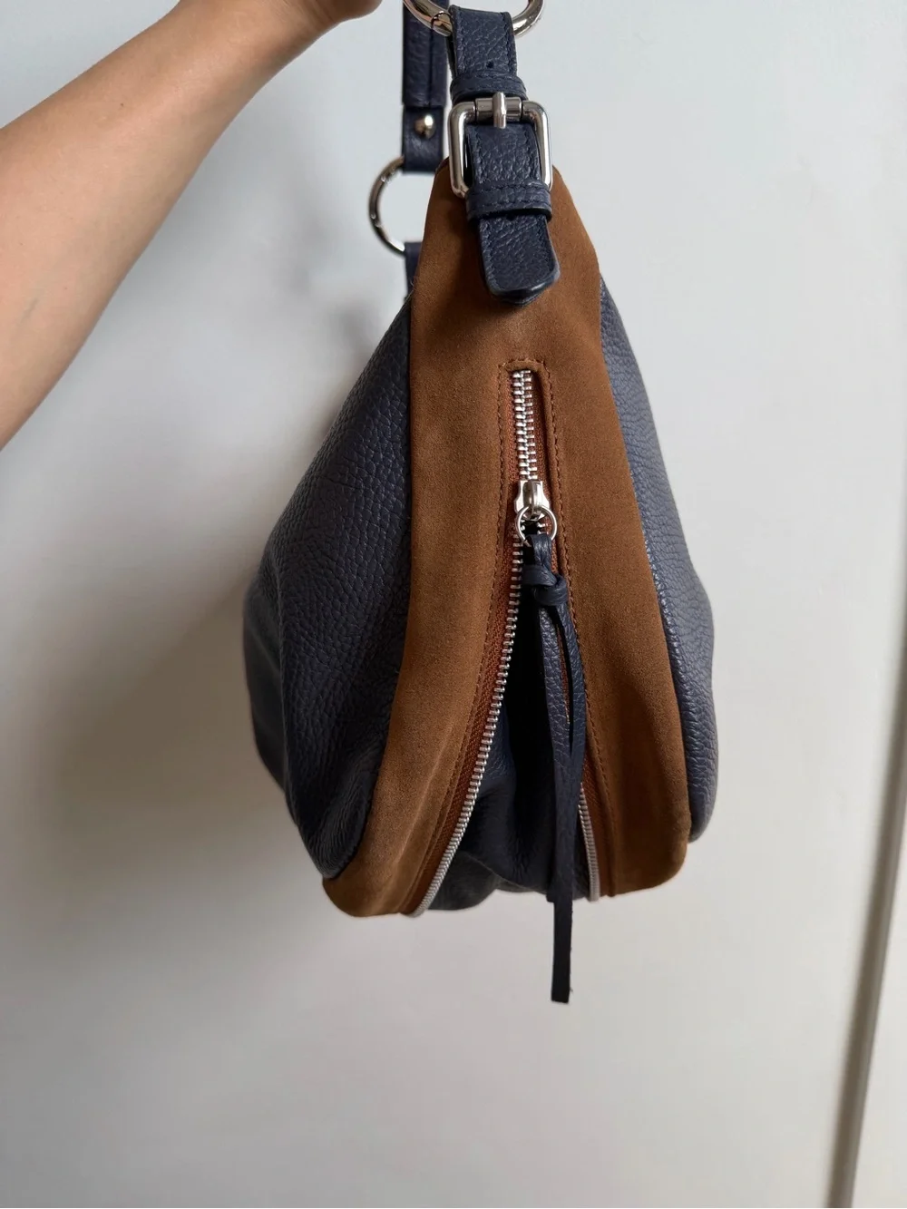 Sundance Genuine Leather & Suede Hobo Bag — Navy/Cognac Made In Italy